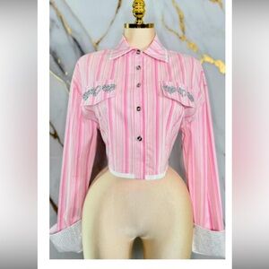 Women's Pink Striped Cropped Button-Down Shirt with Embellished Pockets